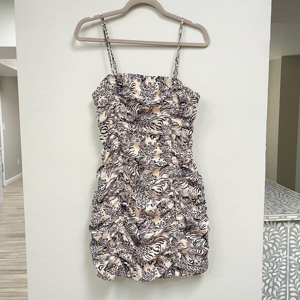 Animal print nude mini dress with ruffles - JOA